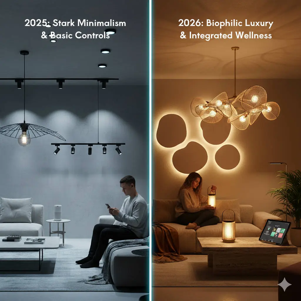 Human-centric lighting mimicking the natural progression of daylight in a modern living room