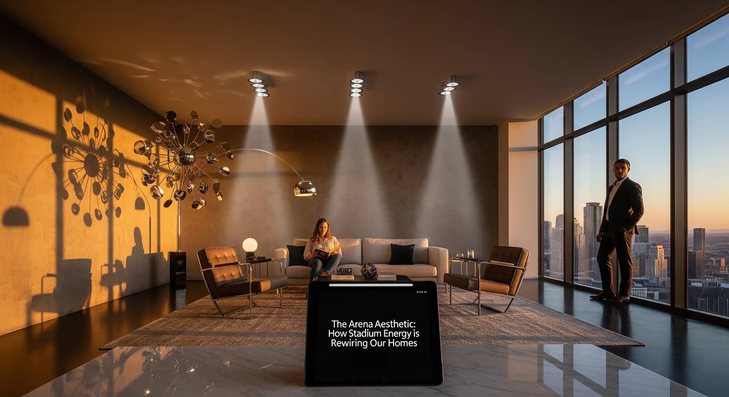 A modern living room with dramatic, high-contrast kinetic lighting inspired by stage design.