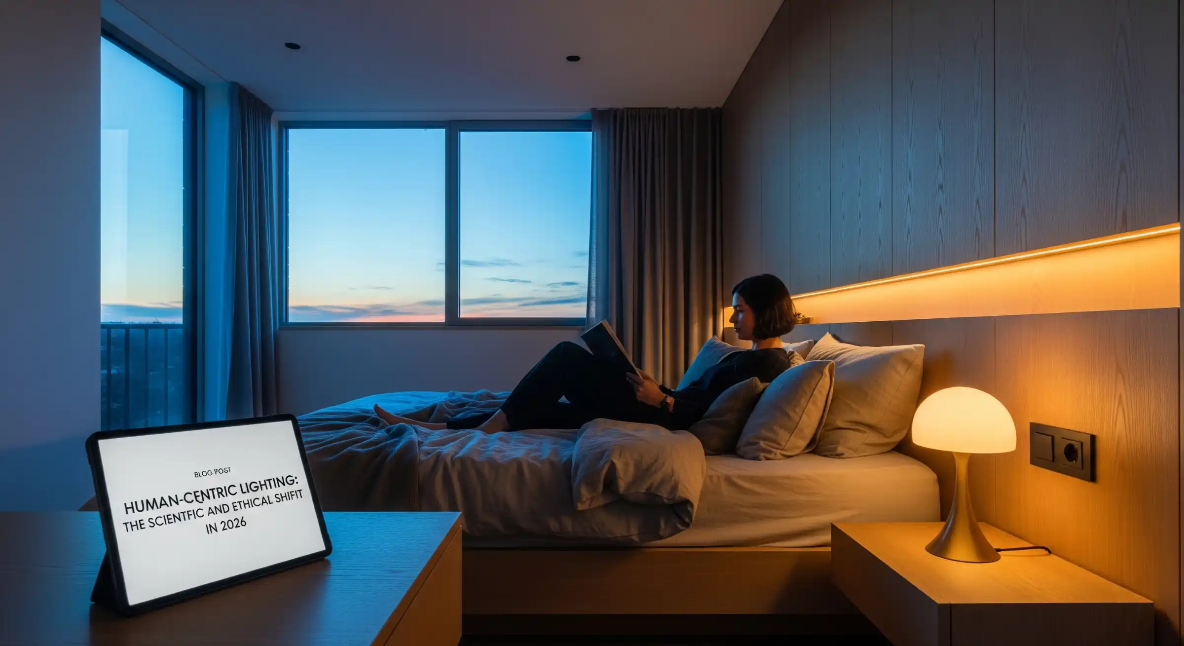A modern bedroom transitioning from blue-rich morning light to warm evening amber.