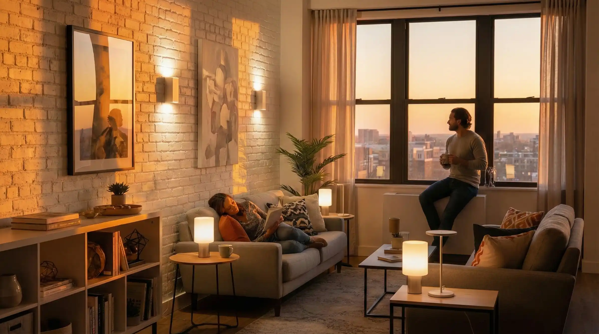 Stylish rental apartment using wireless wall sconces and floor lamps.