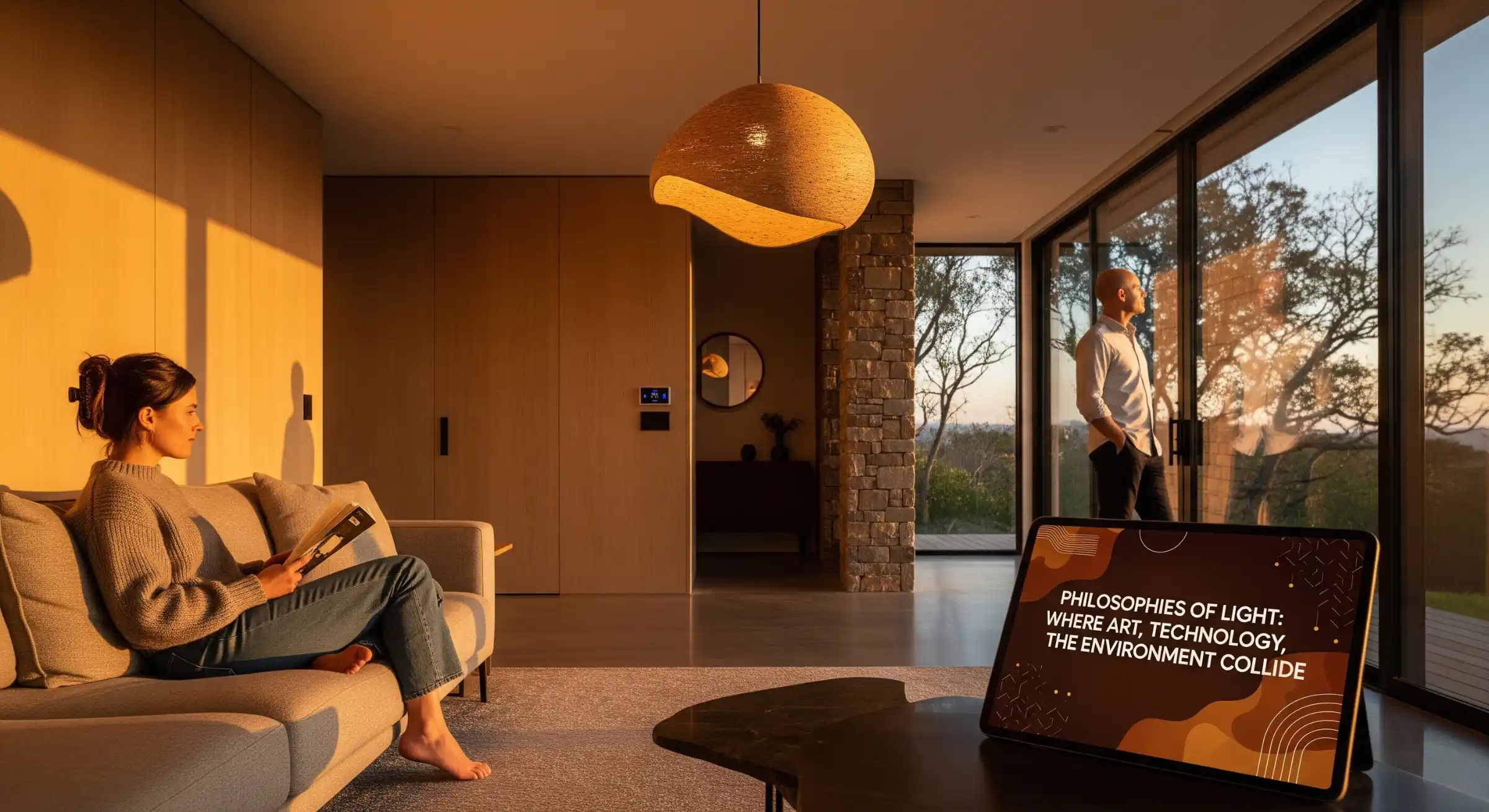 A modern interior featuring an organic pendant lamp, smart controls, and natural materials.