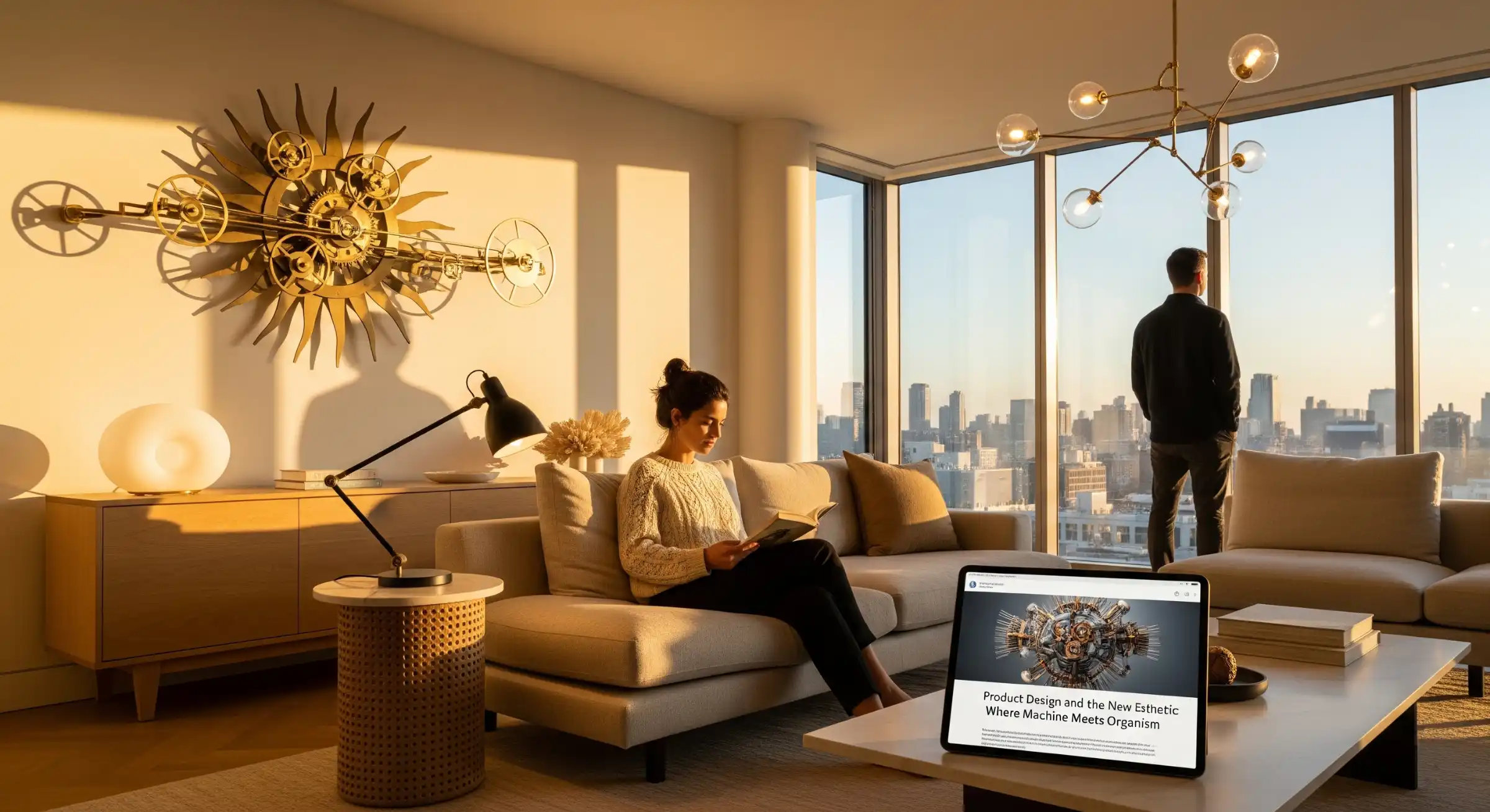 A collection of avant-garde lighting products including a kinetic sculpture and a matte ceramic lamp.