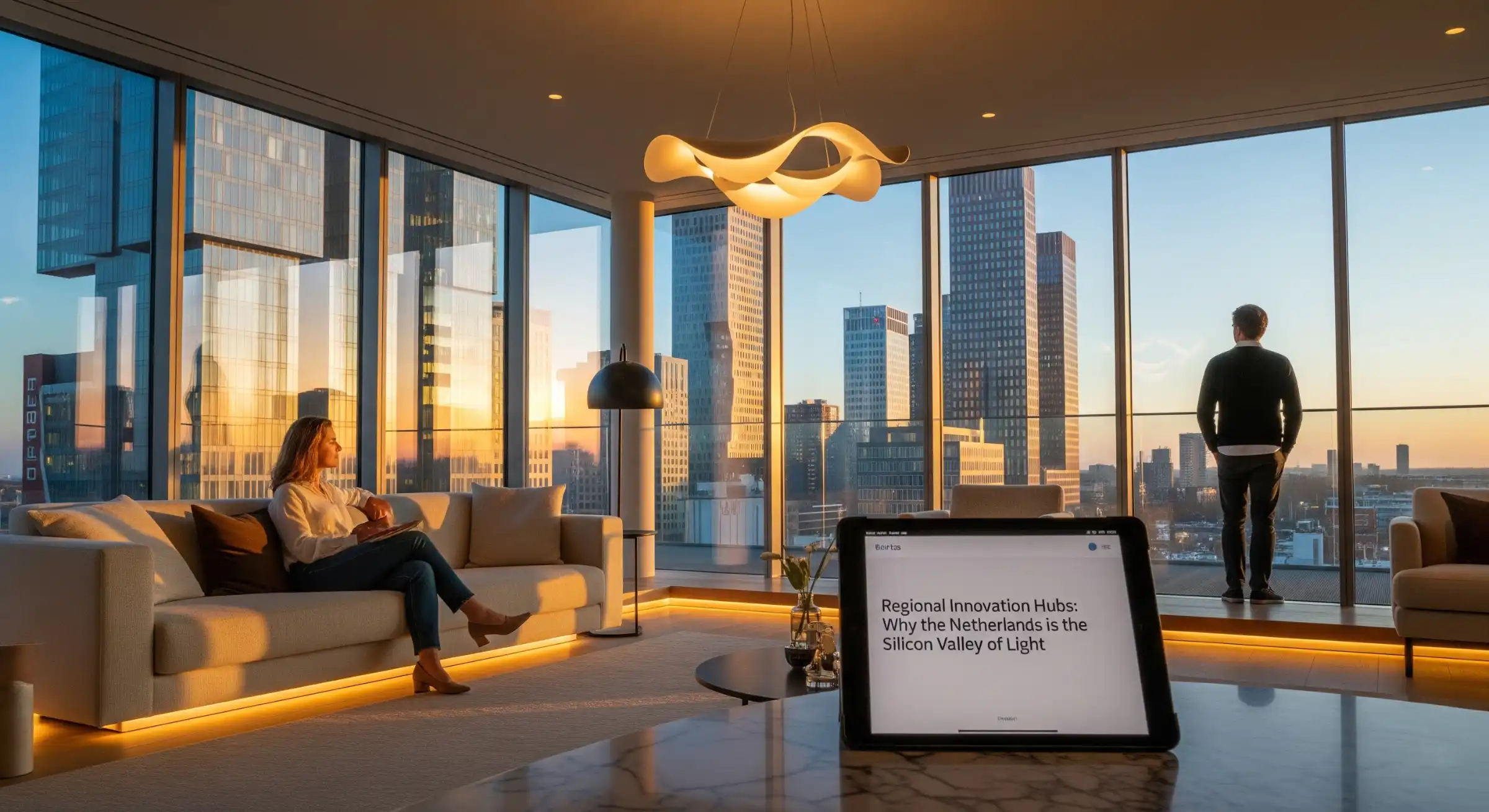 Aerial view of a Dutch city at night with intentional, low-pollution architectural lighting.