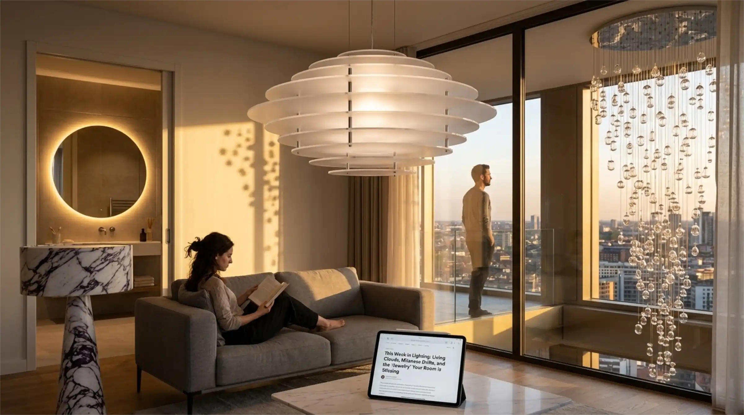A modern interior with a 'Living Cloud' pendant and layered golden bathroom lighting.
