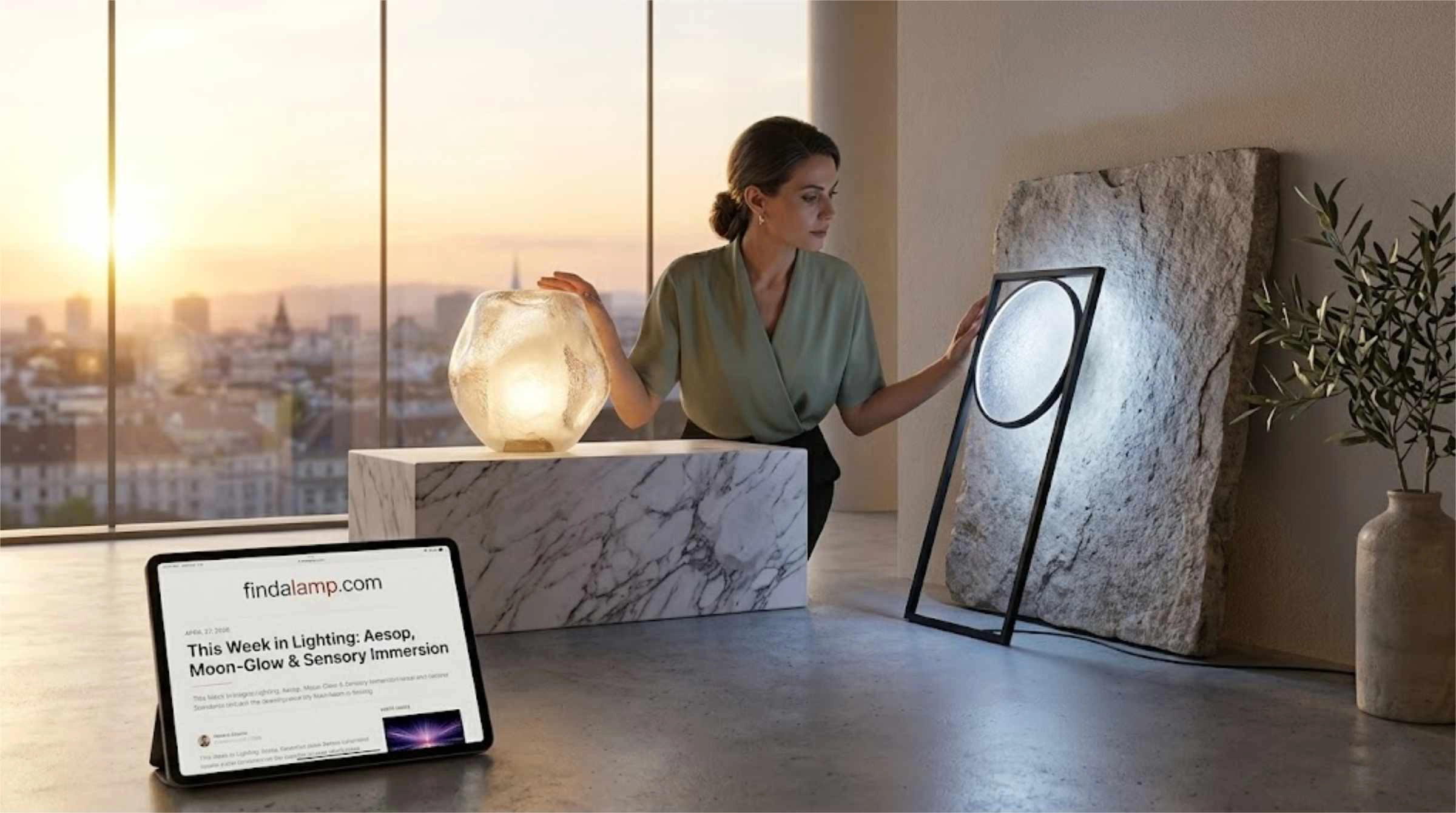 A high-end interior showcasing a Murano glass lamp and a moon-mimicking light installation.