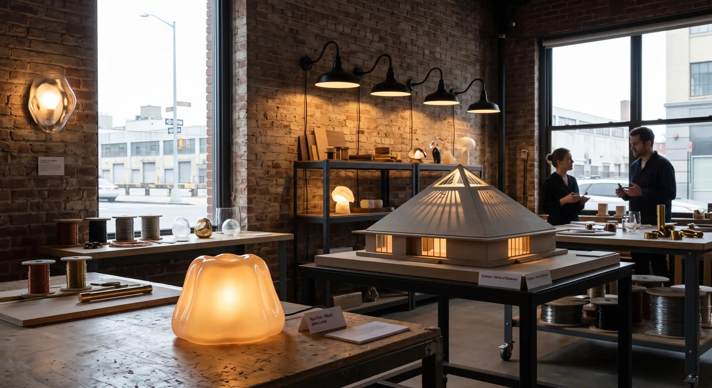A modern Brooklyn-style design studio filled with sculptural brass pendants and warm ambient wall sconces.