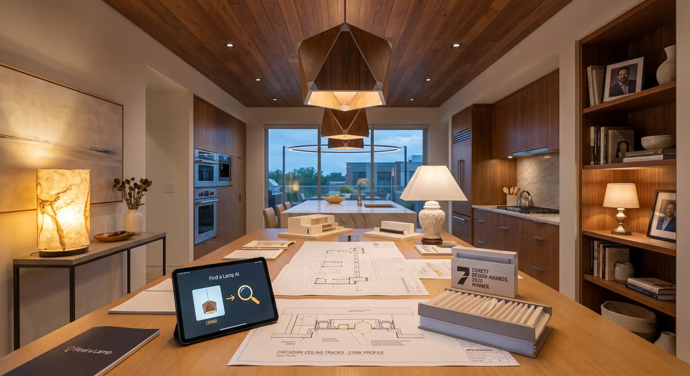 A sunlit architectural home office with warm wooden geometric pendant lights and layered accent table lamps.