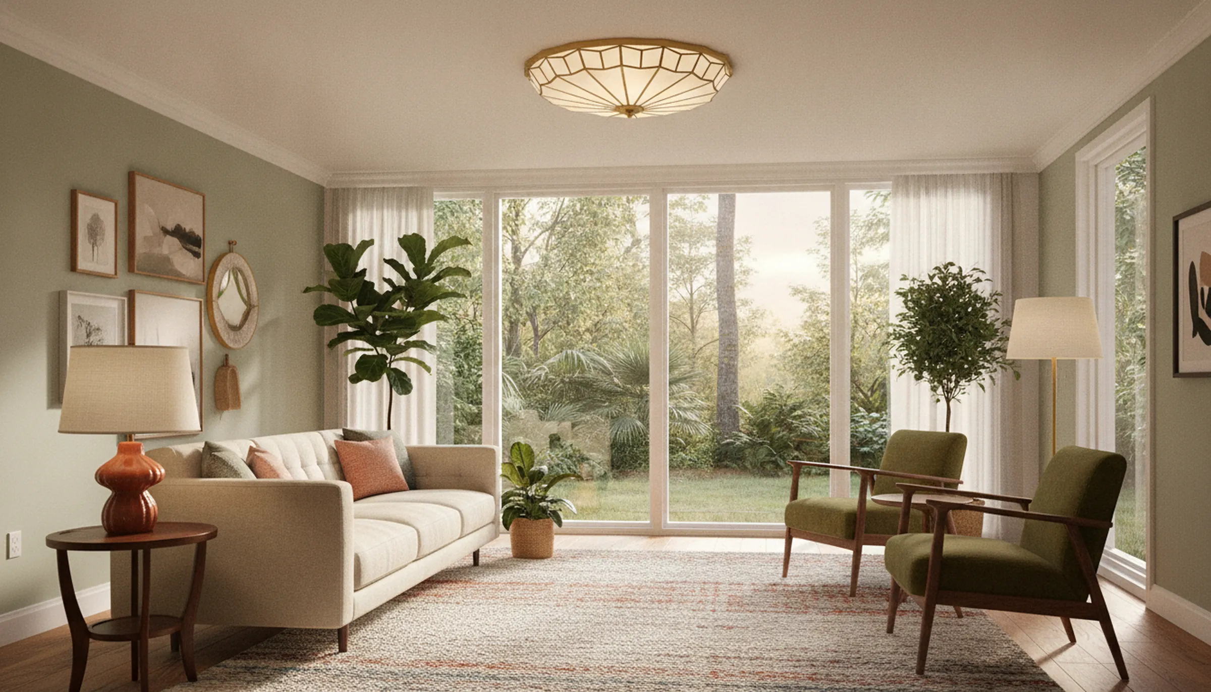 Modern living room with a decorative flush mount ceiling light, warm ambient lighting, and plants, embodying current design trends.