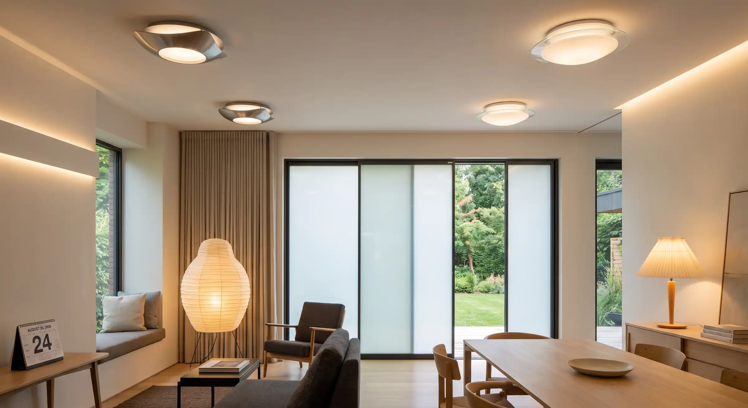 An elegant residential interior featuring architectural flush-mount ceiling lights and warm diffused accent lamps.