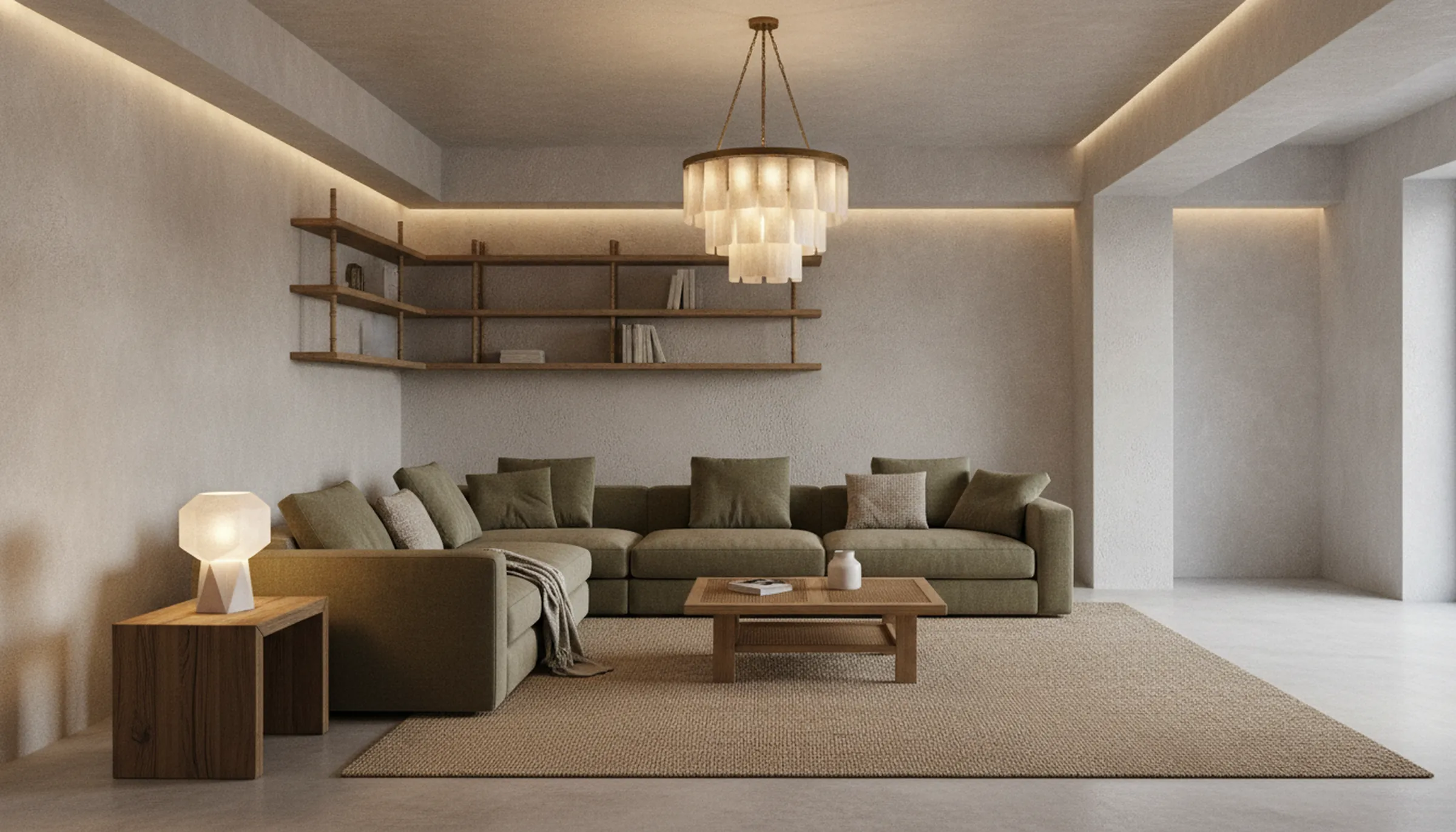 A stylish living room showcasing a mix of vintage-inspired chandelier, a contemporary table lamp, and subtle architectural lighting, with warm ambient glow.