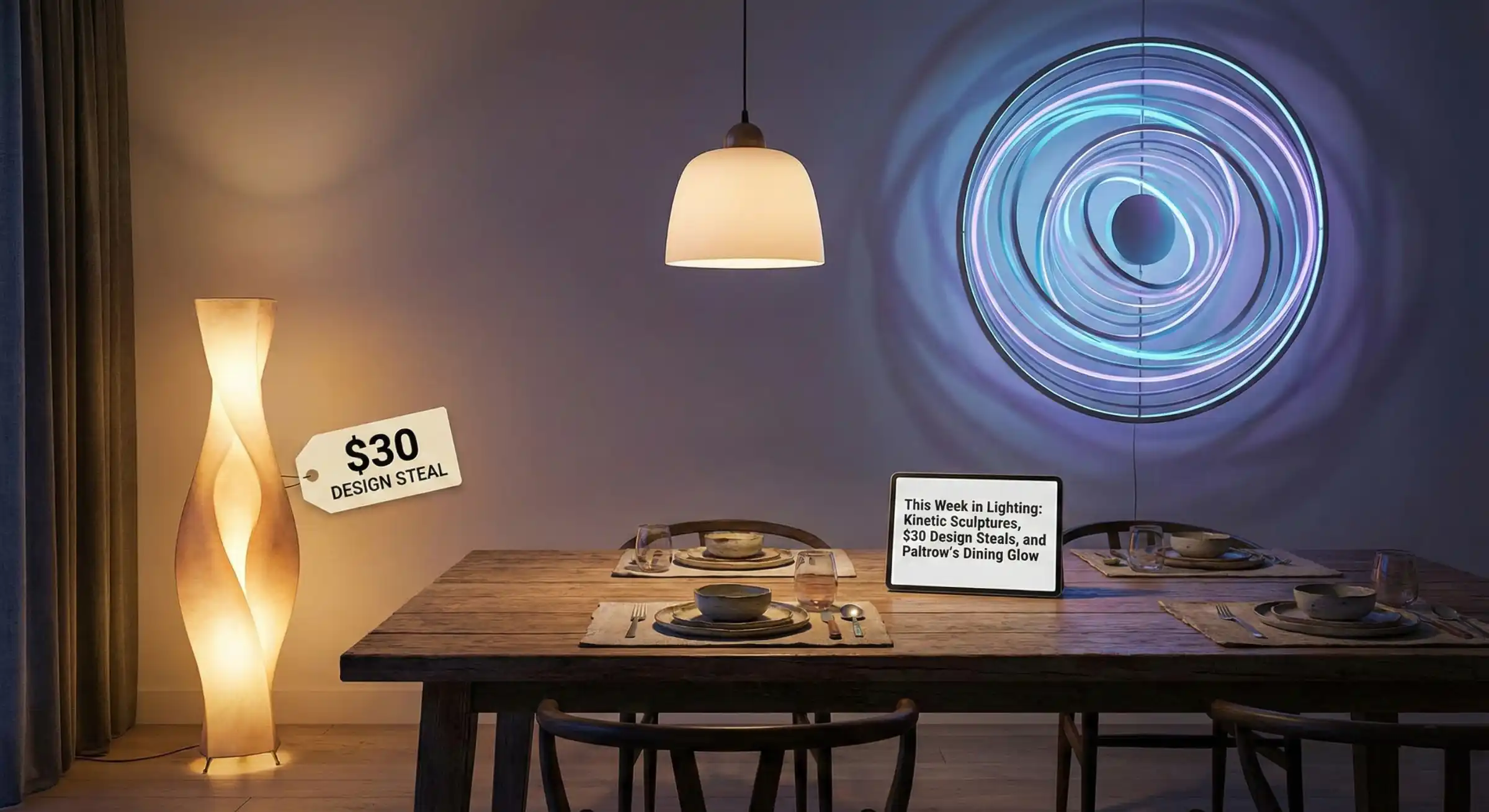 Kinetic light sculpture and a modern dining room with statement lighting.