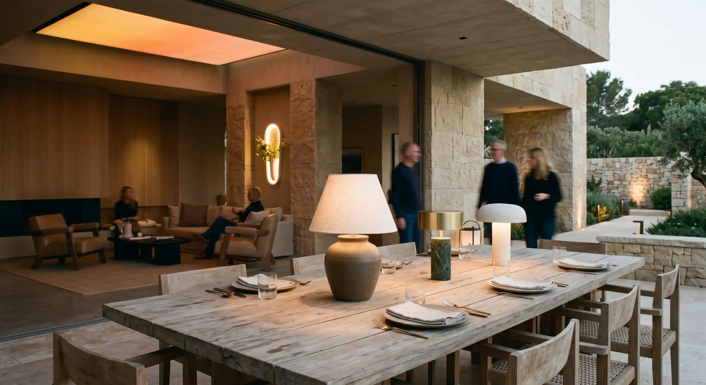 A sun-filled modern terrace dining table illuminated by sleek, wireless portable lamps.