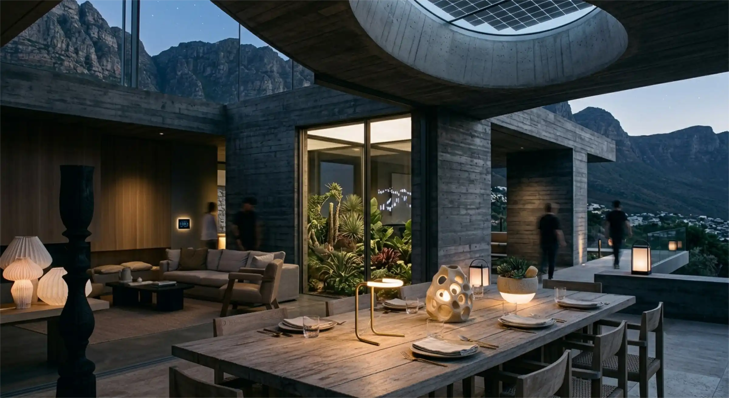 A modern gallery-style room featuring an organic, bone-inspired table lamp alongside a burnt-wood floor lamp.