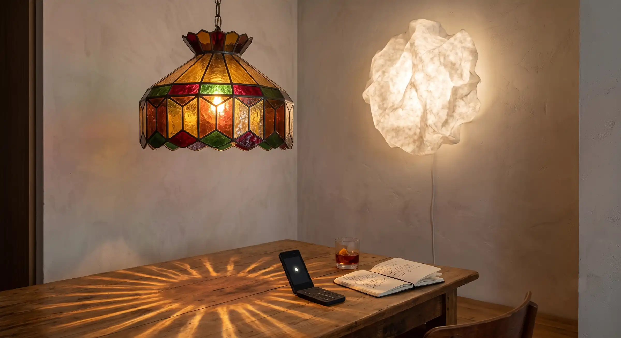 A cozy, character-rich dining nook lit by a vintage-inspired stained glass tavern pendant light.