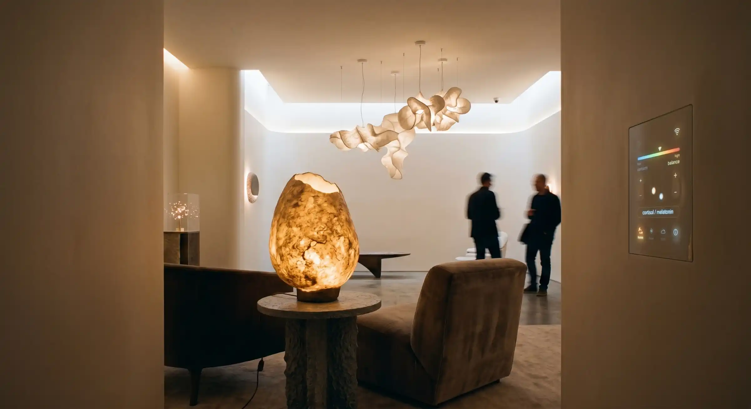 A luxury interior showcasing a tactile ceramic table lamp casting a soft, bio-attuned ambient glow.