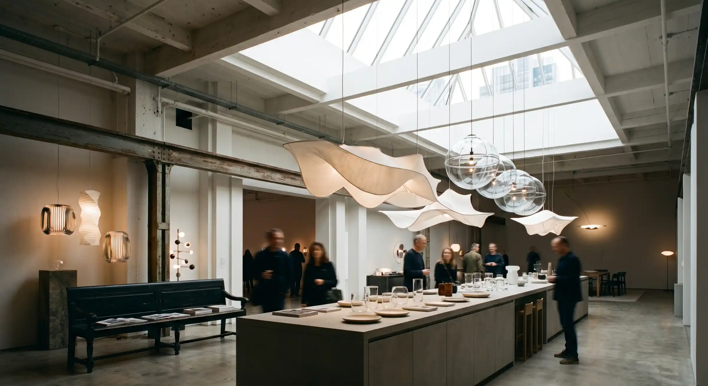 A striking architectural interior with a large skylight and layered, minimalist pendant lamps.
