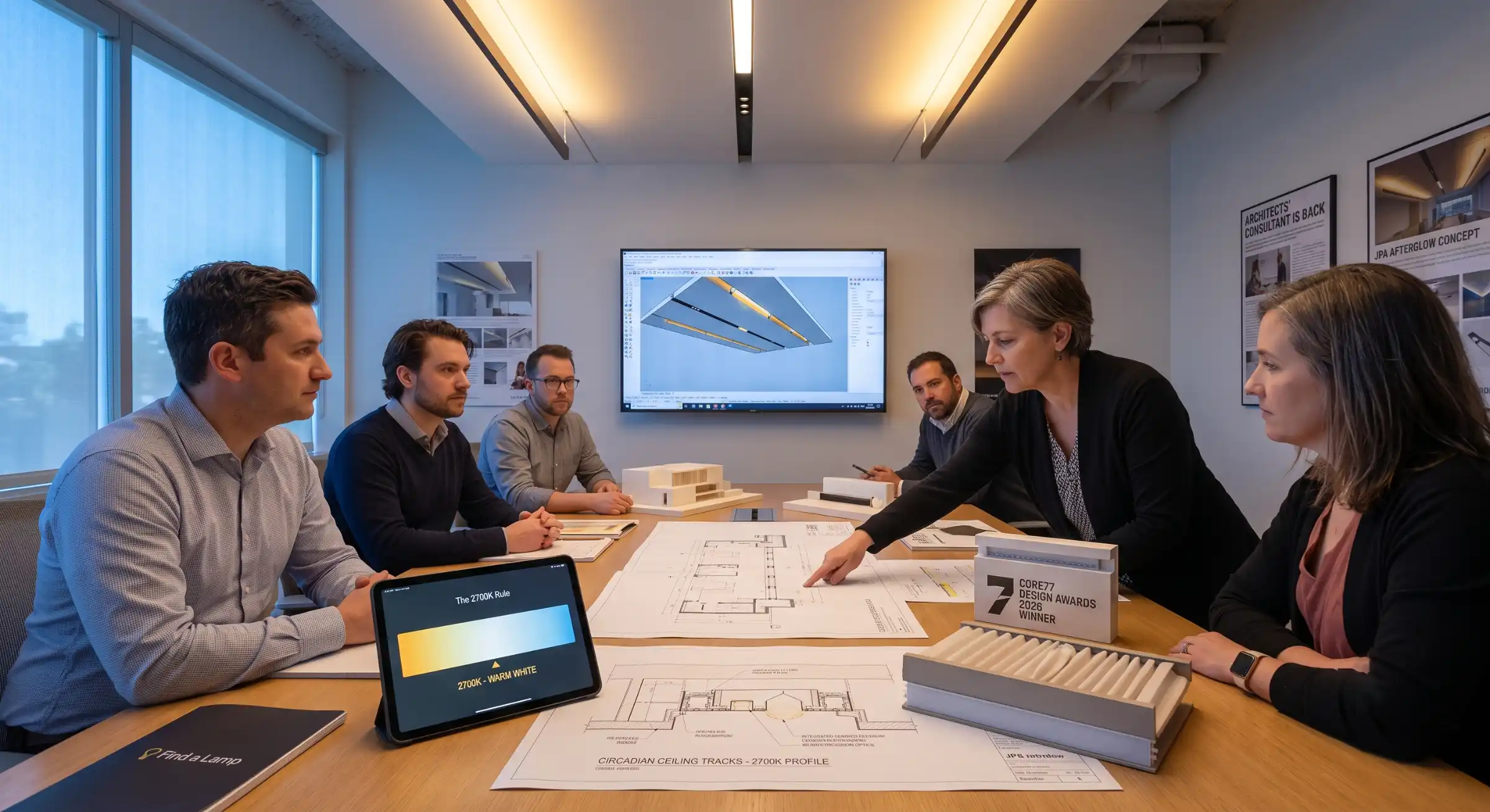 An architectural meeting room layout detailing integrated circadian ceiling tracks and warm, layered profiles.