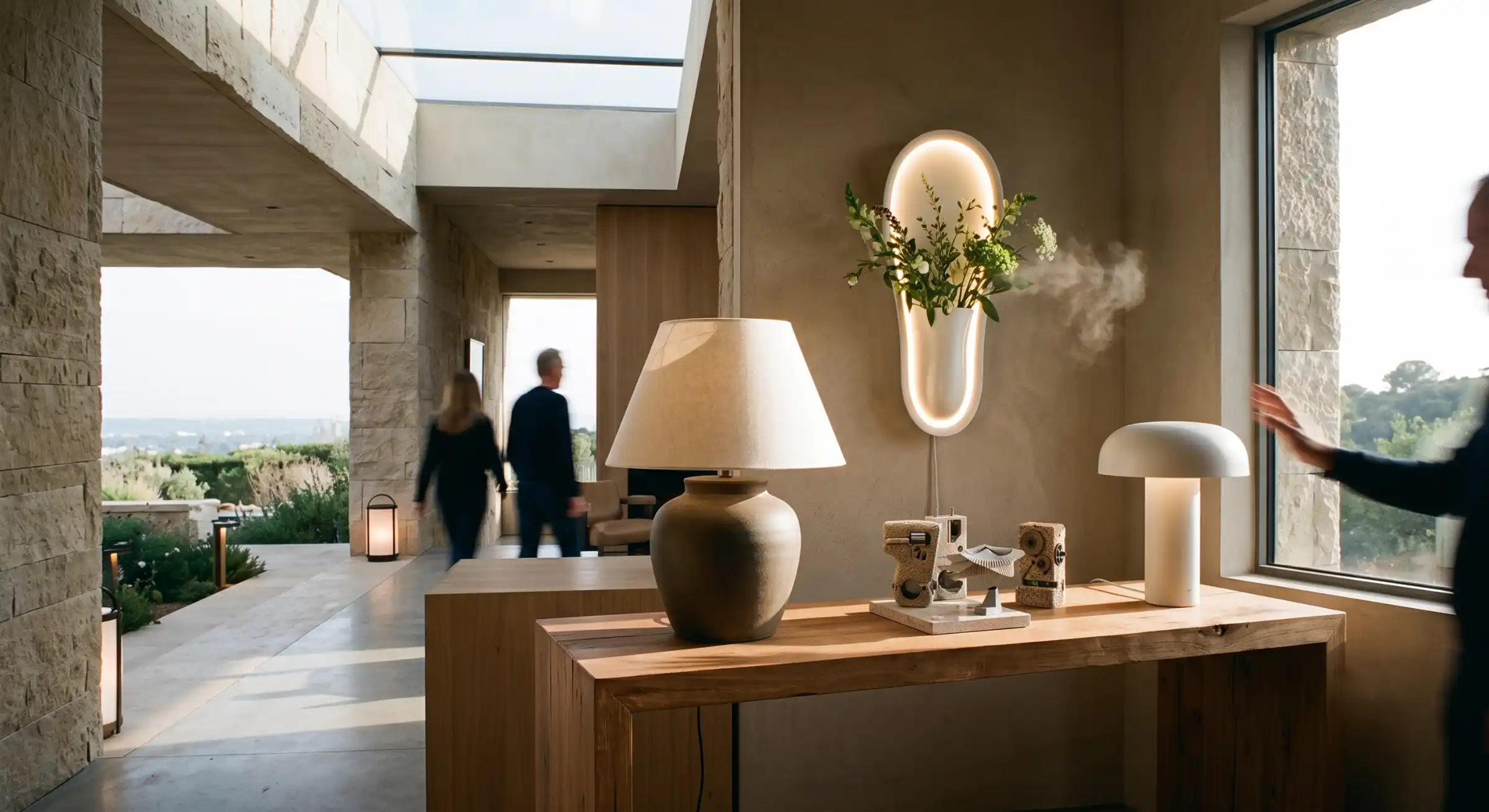 A sun-drenched modern interior featuring a ceramic base table lamp and natural stone architecture.