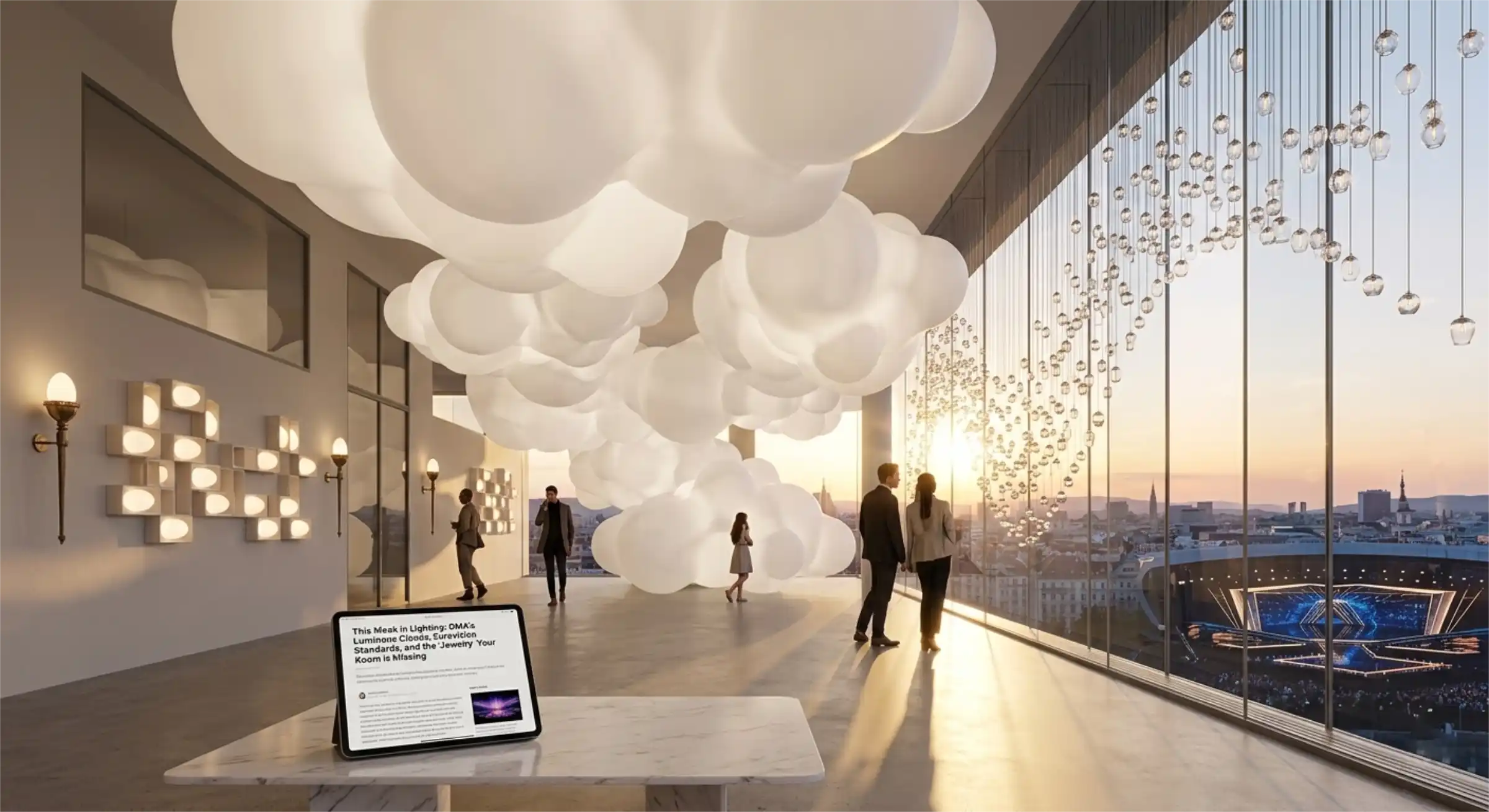 A futuristic architectural installation using diffused cloud-like light sources.