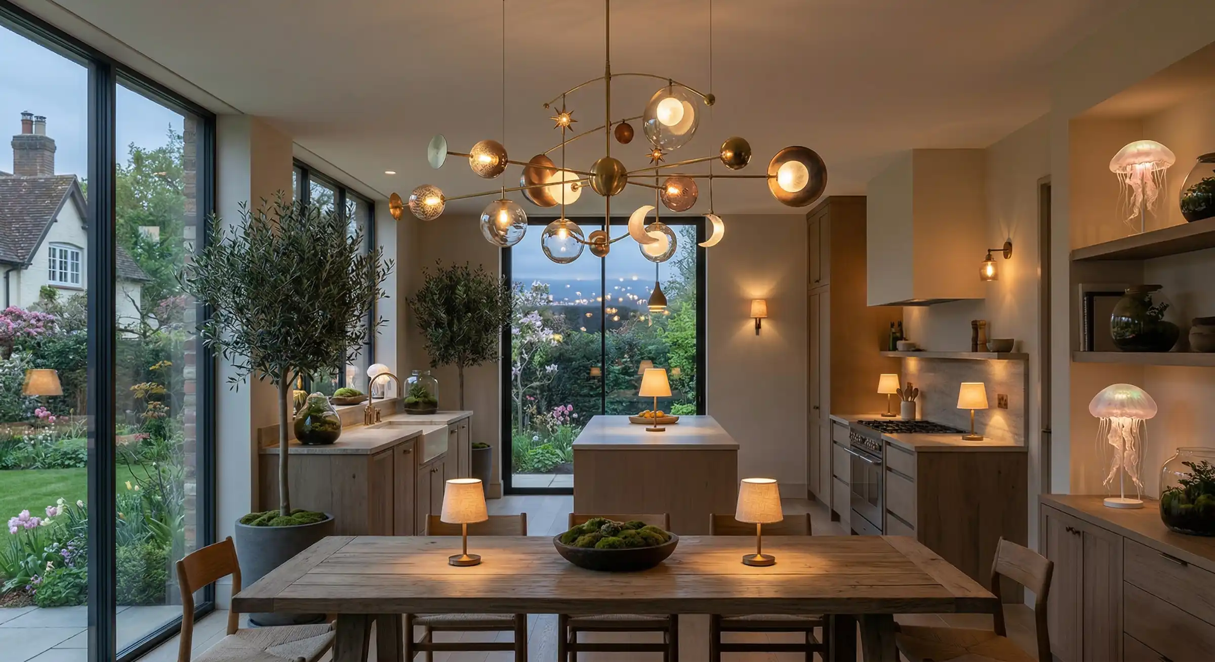 A modern interior with a mobile-style chandelier and biophilic decor.