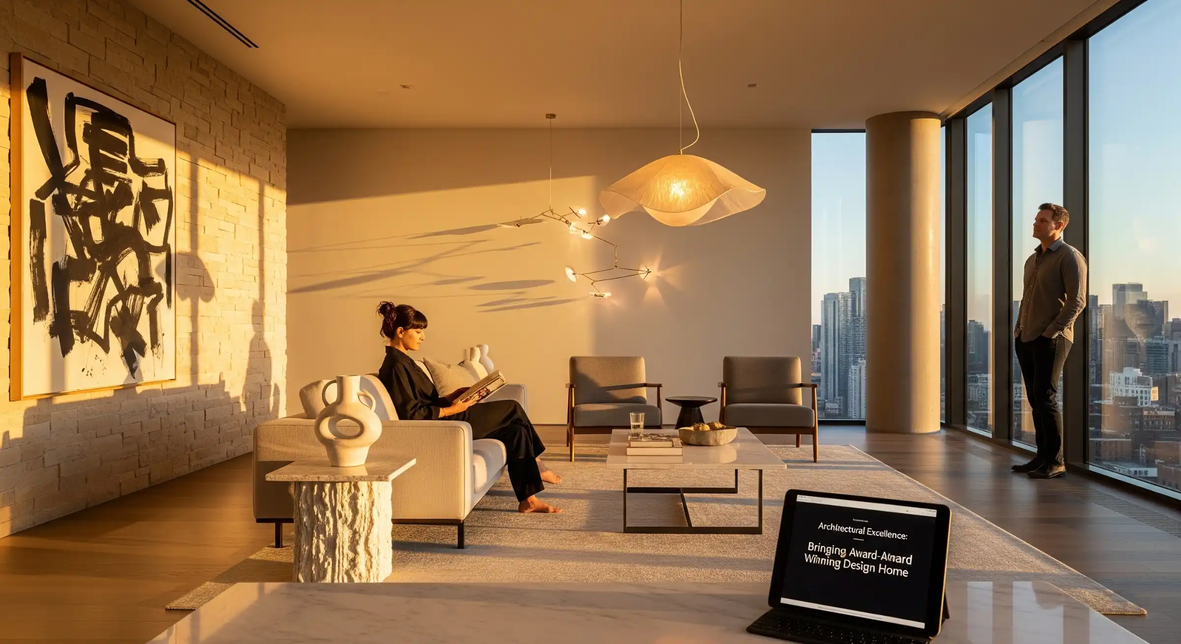 A luxury modern living room featuring a marble-base portable lamp and muted sage accents.