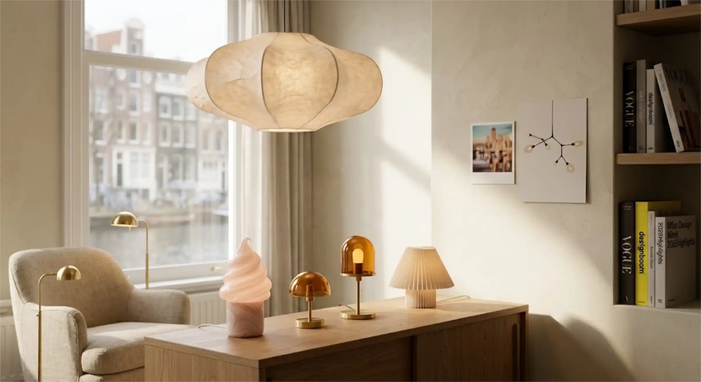 A modern interior featuring several 'little lamps' and a sculptural paper pendant.