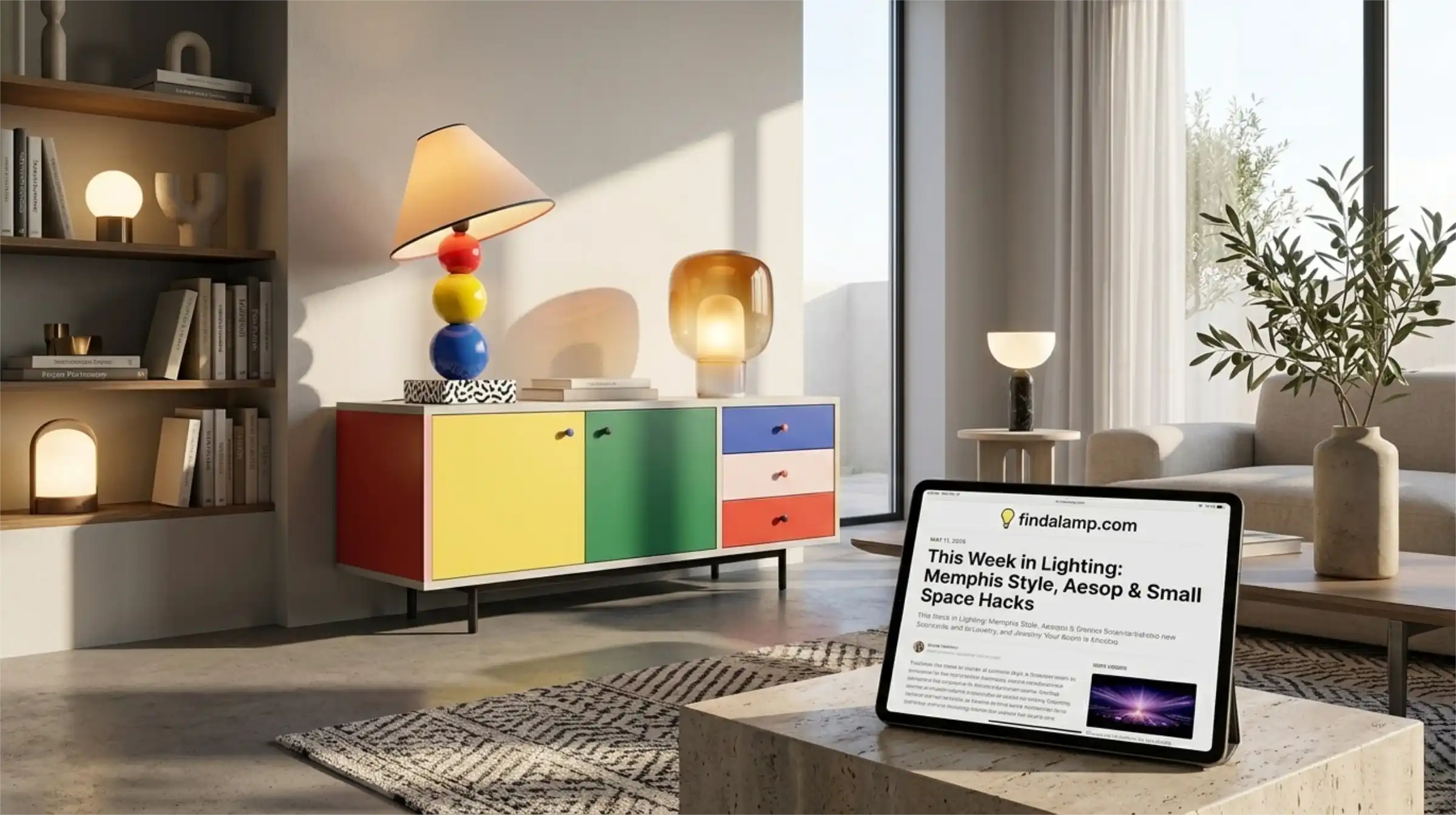 A modern eclectic interior with a Memphis-style colorful lamp and a Murano glass table light.