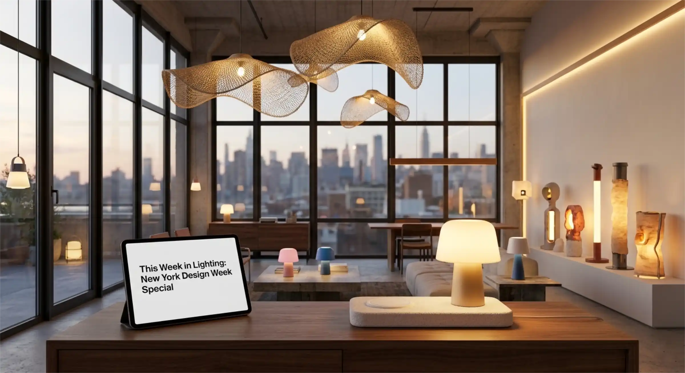 A minimalist workspace featuring a wireless 3D-printed table lamp and warm, natural textile accents.
