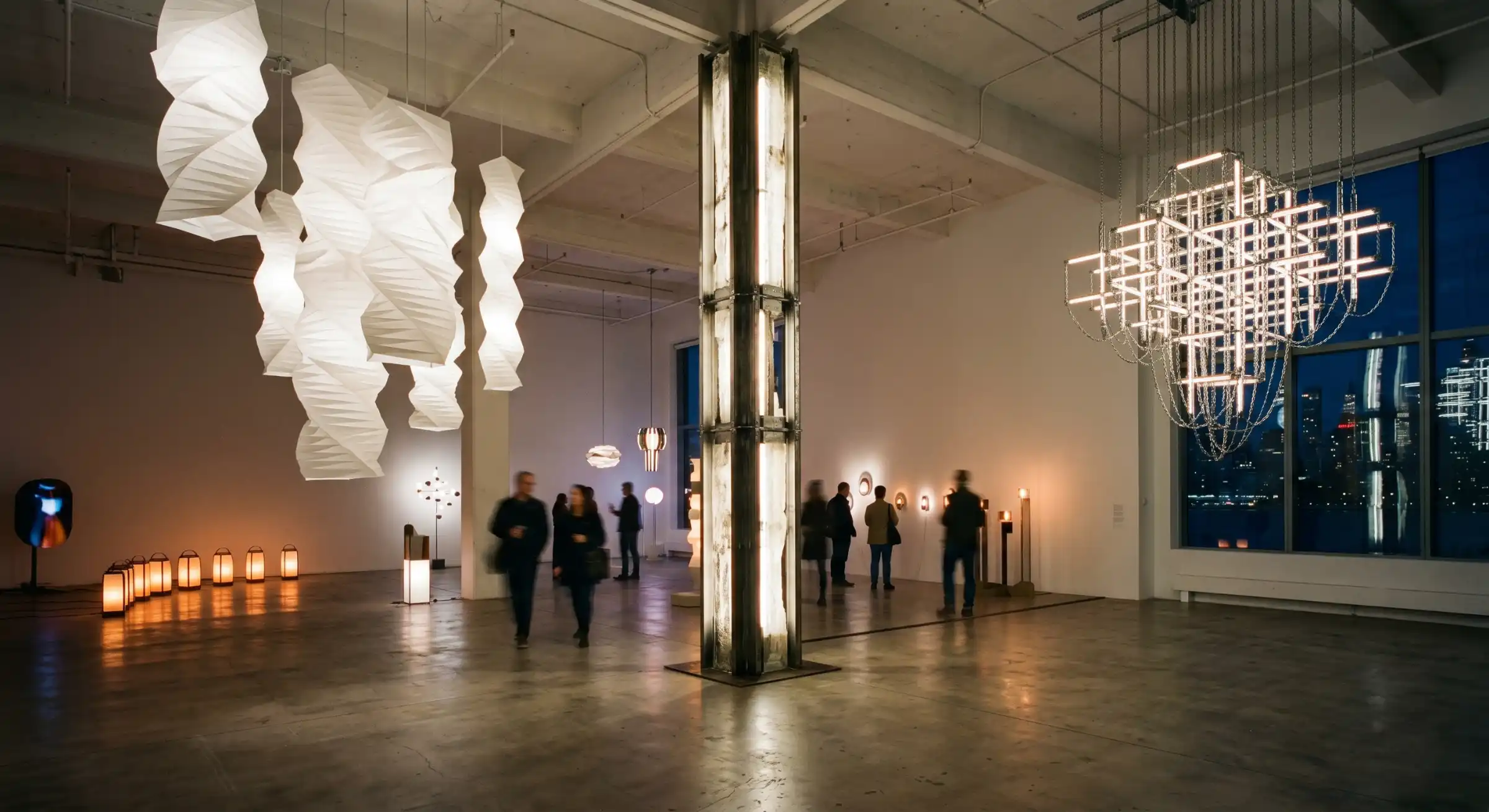 An avant-garde lighting exhibition featuring a towering floor-to-ceiling totem lamp and warm ambient lighting streams.